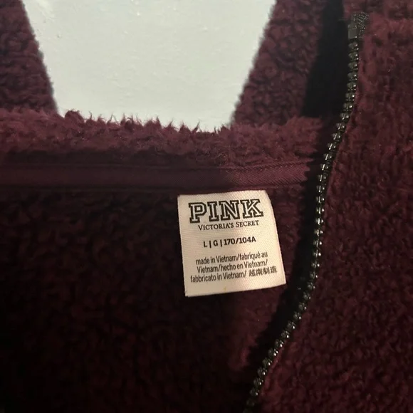 PINK Victoria's Secret Burgundy Cozy Fleece Hoodie 3/4 Zip - Picture 2 of 3